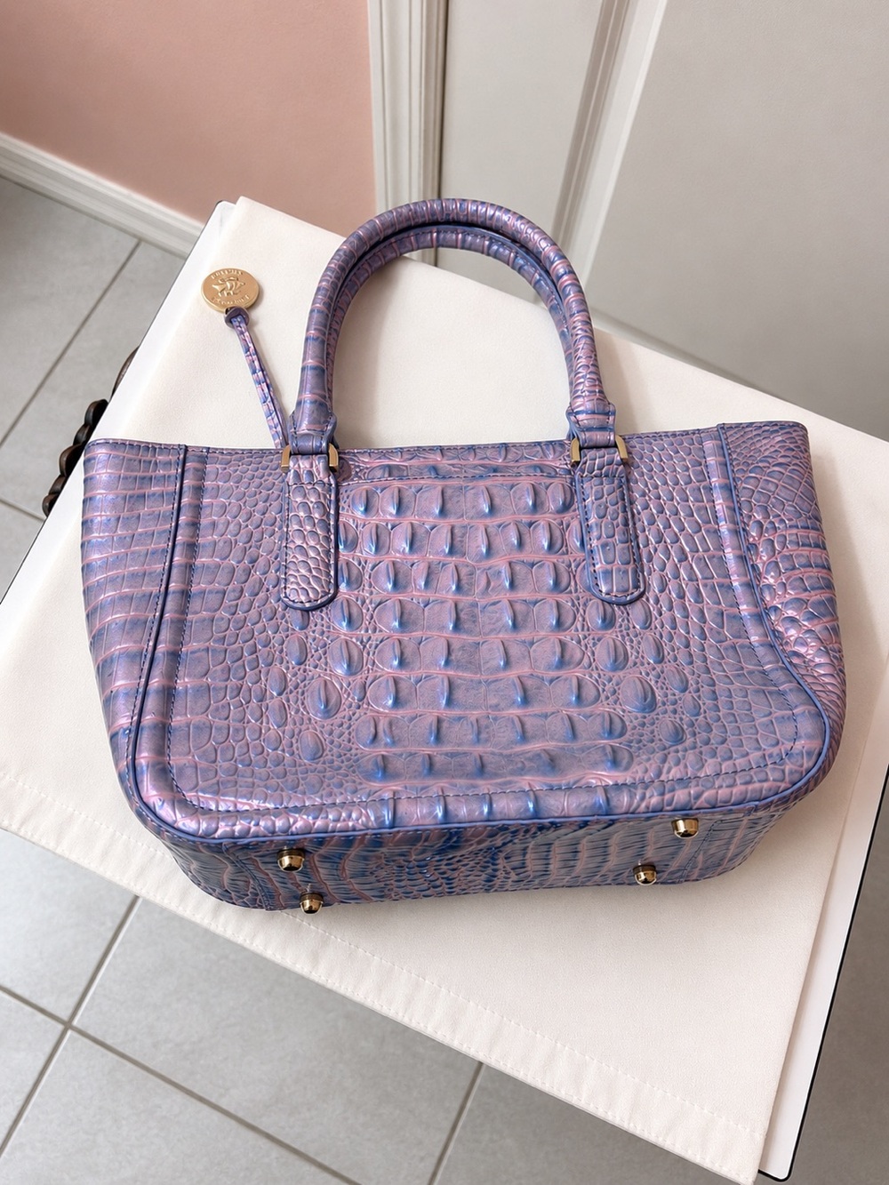 Brahmin Mini Asher/Small Ashlee Lilac Iridescent Croc Embossed Leather Tote - Picture 3 of 4